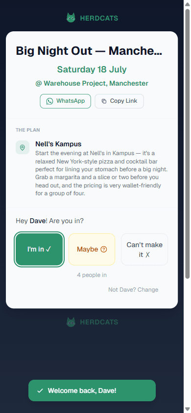 HerdCats participant view for a night out